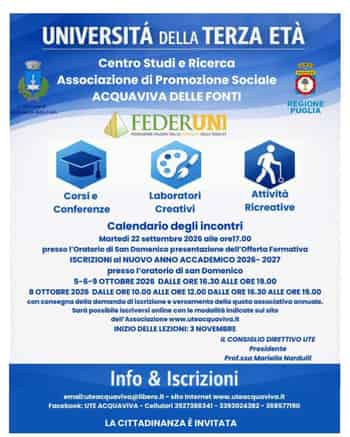 Immagine di UNIVERSITA' DELLA TERZA ETA' - CENTRO STUDI E RICERCA DI ACQUAVIVA DELLE FONTI - APS
